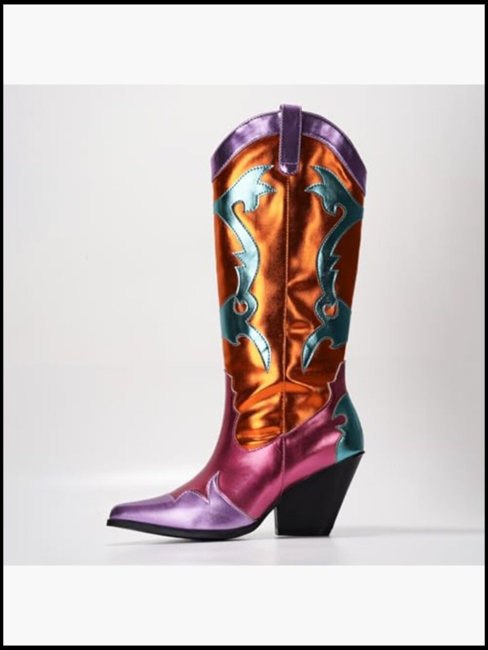 Metallic Colorblock Cowboy Boots Mid Calf 3 Inch Heel Pointed Toe Western Boots - Picture 3 of 7